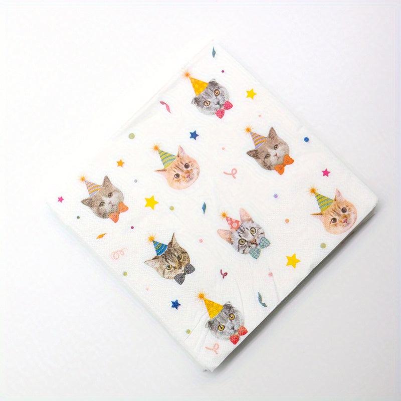 20pcs Happy Birthday Cat Napkin Set Tableware Favors Decorations