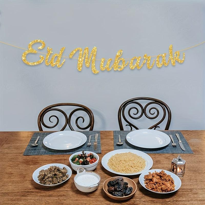 Eid Mubarak Golden Glitter Letters Moon Party Decoration Banner