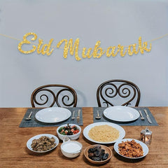 Eid Mubarak Golden Glitter Letters Moon Party Decoration Banner