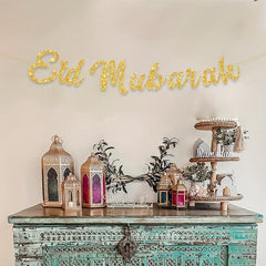 Eid Mubarak Golden Glitter Letters Moon Party Decoration Banner