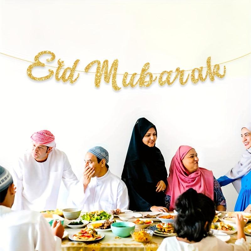 Eid Mubarak Golden Glitter Letters Moon Party Decoration Banner