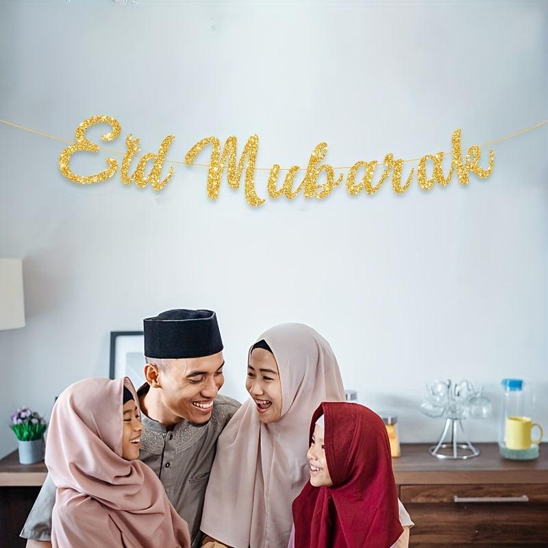 Eid Mubarak Golden Glitter Letters Moon Party Decoration Banner