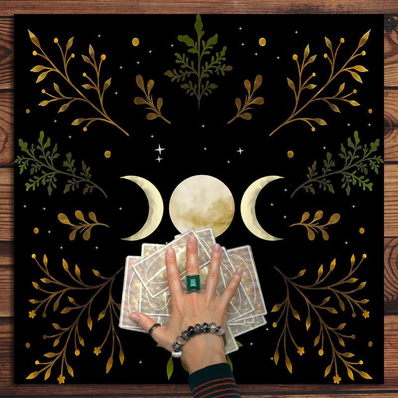Olive Leaf Triple Moon Tarot Tablecloth for Wicca Altar Spread