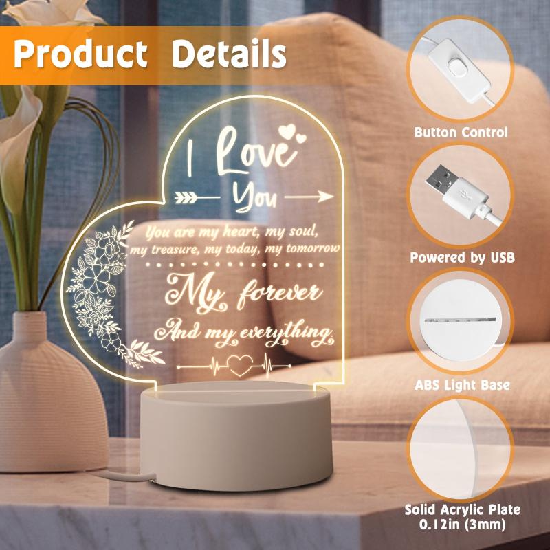 Romantic Acrylic Night Light - Anniversary Gift For Her/Him - LED Base