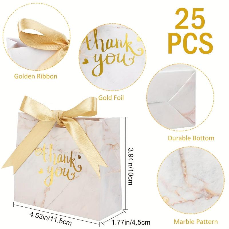 25pcs Marble Thank You Gift Bags with Golden Bow Ribbon