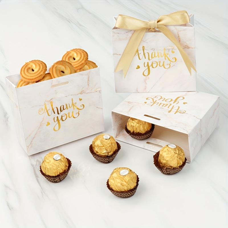 25pcs Marble Thank You Gift Bags with Golden Bow Ribbon
