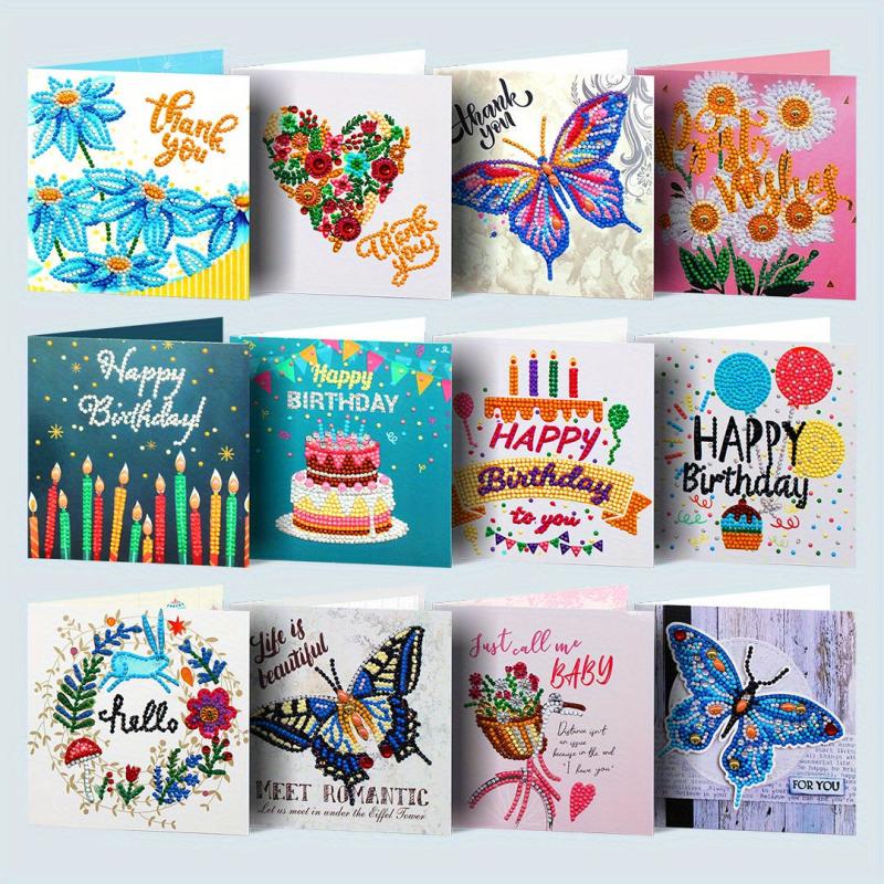 12pcs DIY Diamond Painting Greeting Card Birthday Flower Bird Set