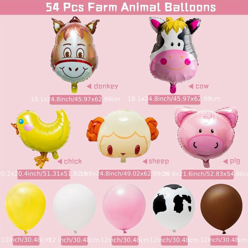 54pcs Farm Animal Balloon Decor Yellow Chicken Cow Sheep Piglet