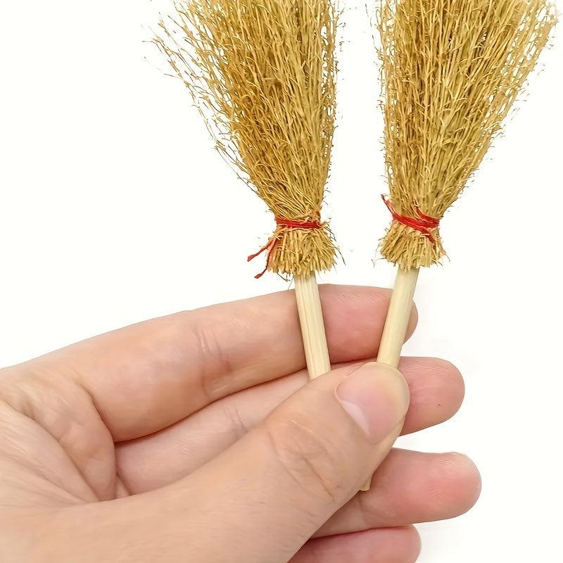2pcs Straw Brooms Red Strings Halloween Craft Decor Witch Accessories