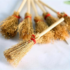 2pcs Straw Brooms Red Strings Halloween Craft Decor Witch Accessories