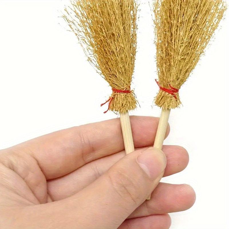 2pcs Straw Brooms Red Strings Halloween Craft Decor Witch Accessories