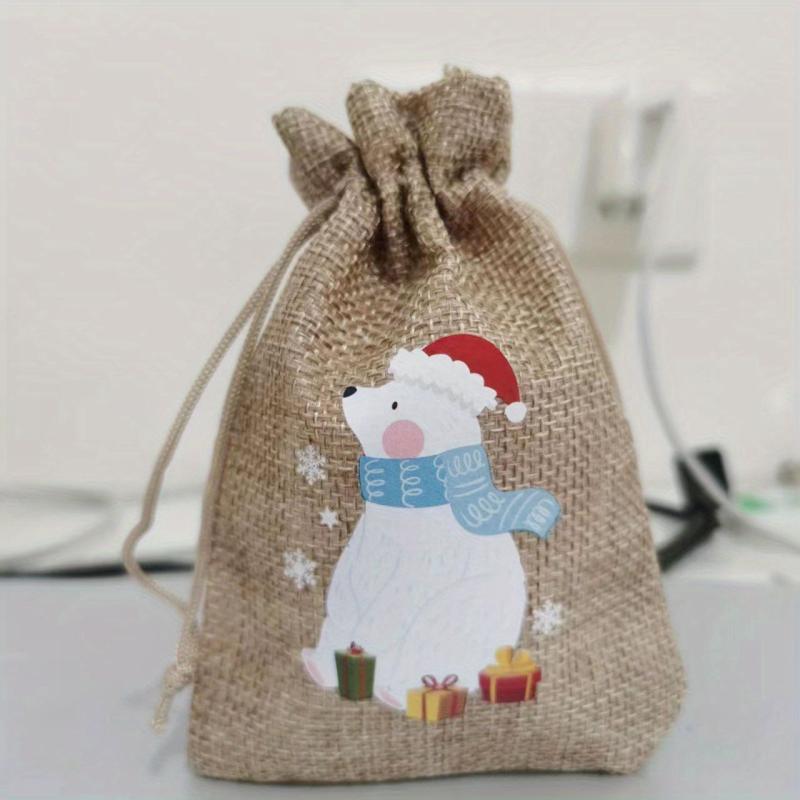 5pcs Christmas Jute Drawstring Gift Bags Small Business Supplies