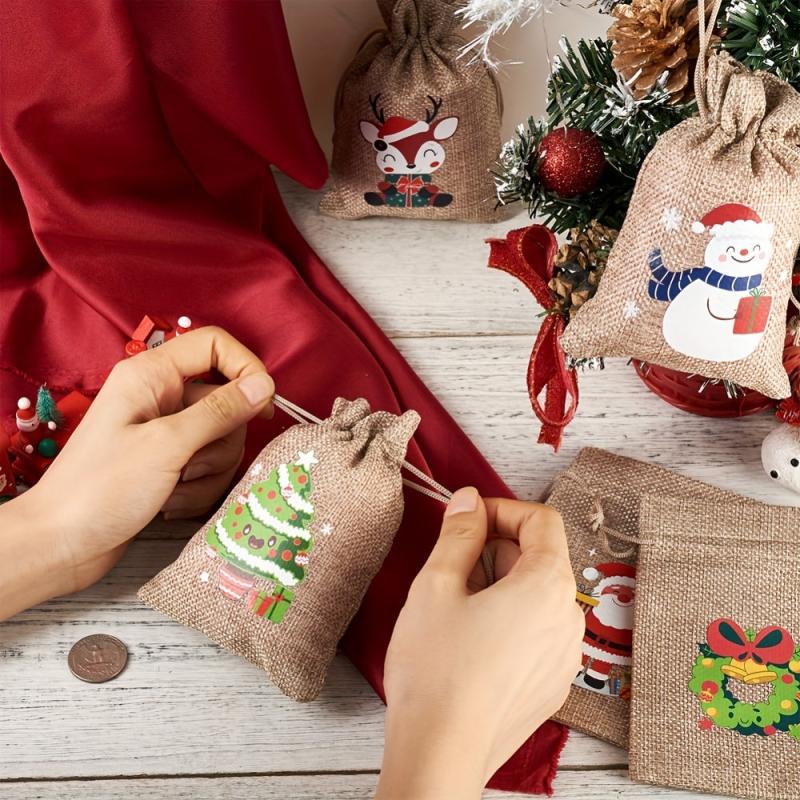 5pcs Christmas Jute Drawstring Gift Bags Small Business Supplies