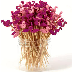 50pcs Flamingo Cocktail Picks Wooden Sticks for Luau Hawaii Beach Holiday