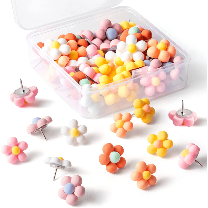 30 Flower Push Pins with Case for Corkboard Bulletin Board