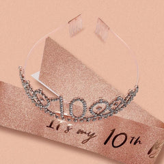 10th Birthday Sash & Tiara Set - Rose Gold Crown for 10 Year Old Girls