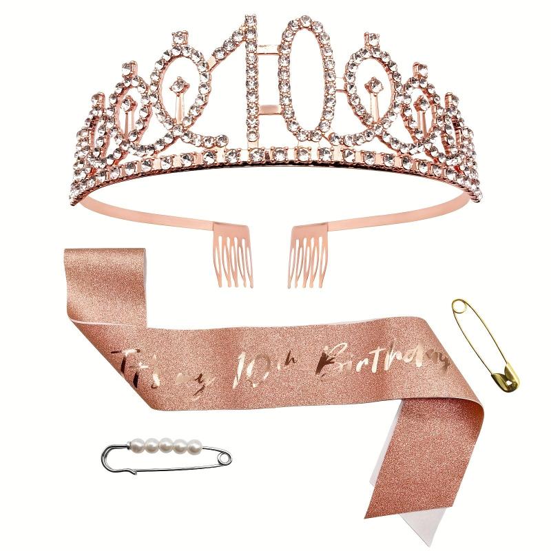 10th Birthday Sash & Tiara Set - Rose Gold Crown for 10 Year Old Girls