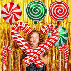 7pcs Candy Cane Swirl Foil Balloons Red Green Ribbons Birthday Party Decor
