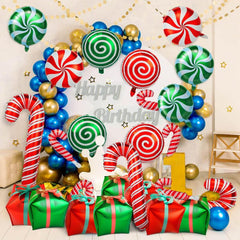 7pcs Candy Cane Swirl Foil Balloons Red Green Ribbons Birthday Party Decor