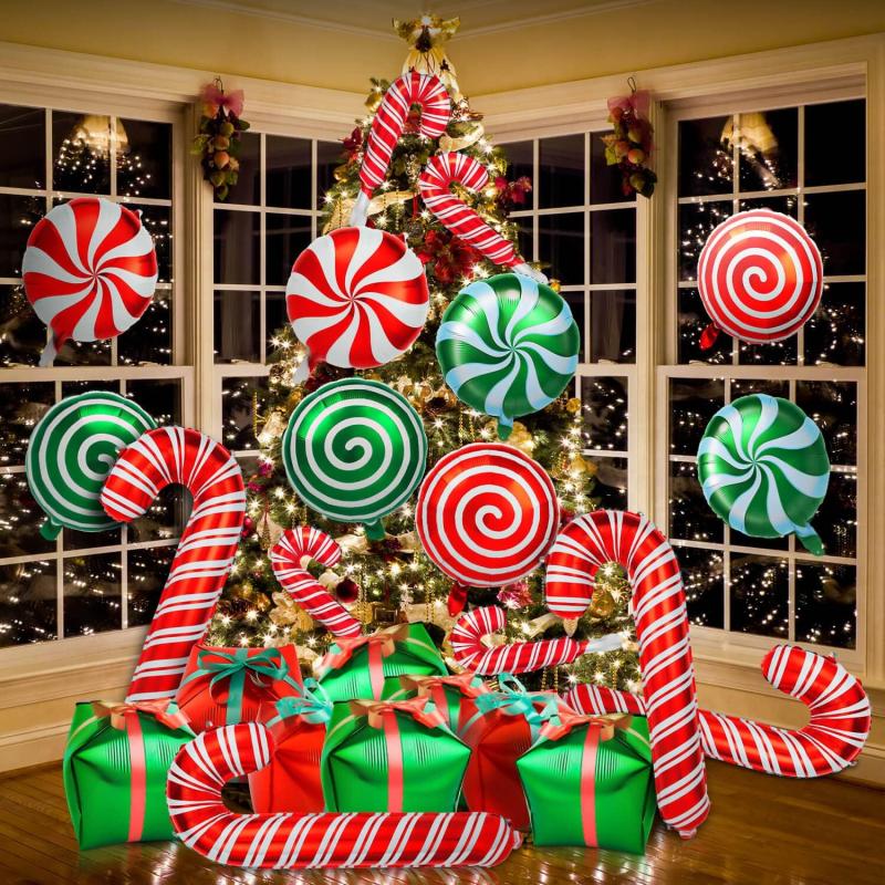 7pcs Candy Cane Swirl Foil Balloons Red Green Ribbons Birthday Party Decor