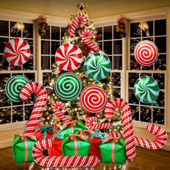 7pcs Candy Cane Swirl Foil Balloons Red Green Ribbons Birthday Party Decor
