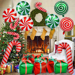 7pcs Candy Cane Swirl Foil Balloons Red Green Ribbons Birthday Party Decor