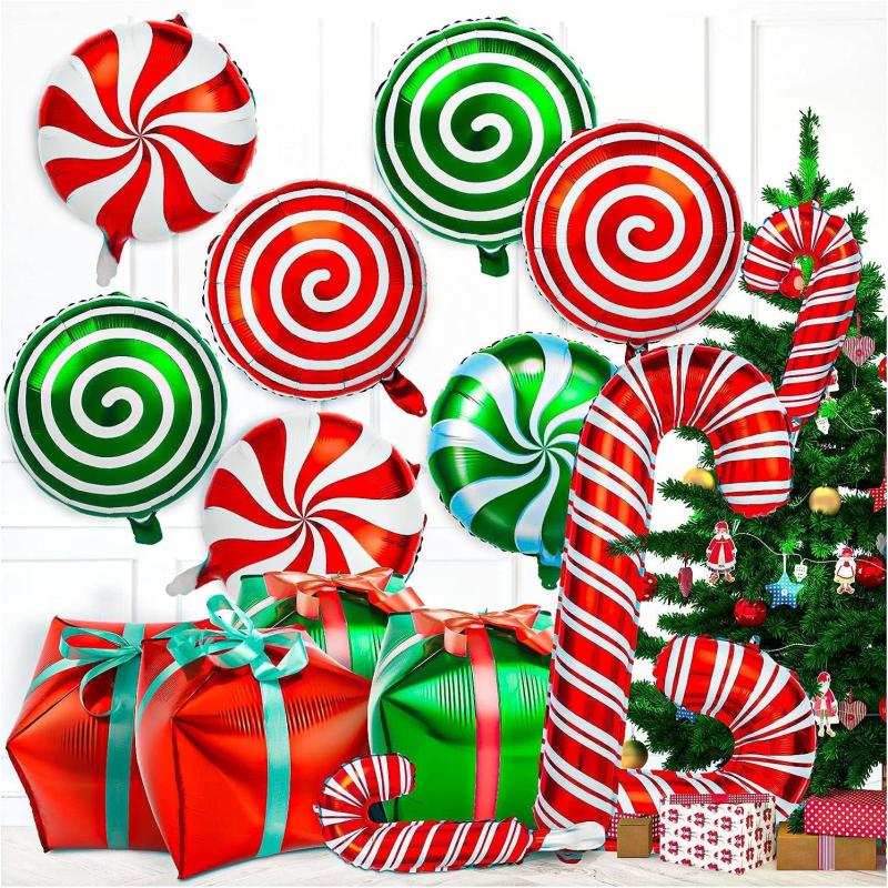 7pcs Candy Cane Swirl Foil Balloons Red Green Ribbons Birthday Party Decor