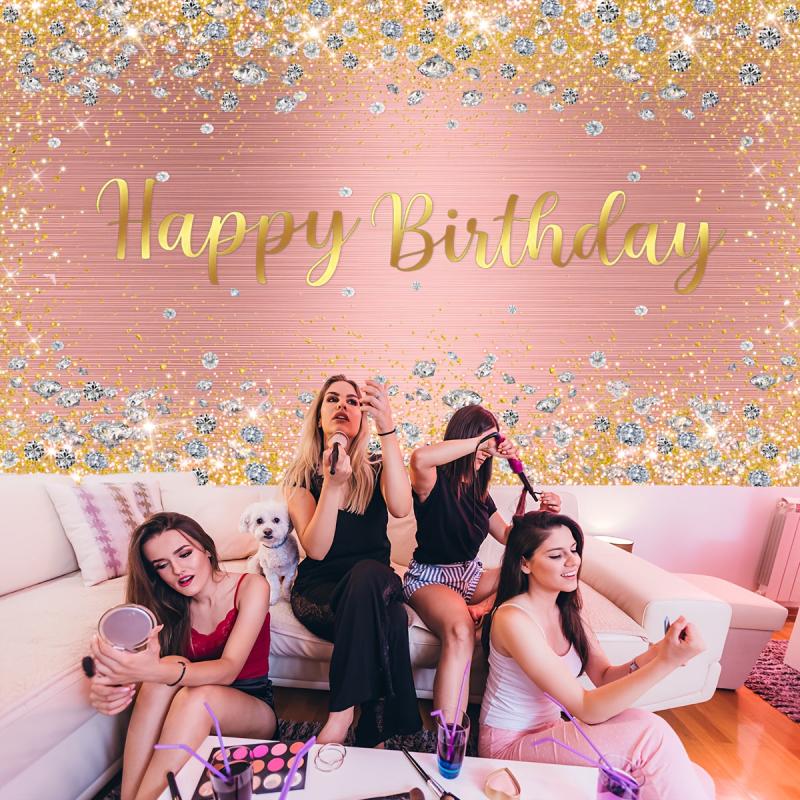 Happy Birthday Backdrop Pink Rose Golden Dot Glitter Photography Background