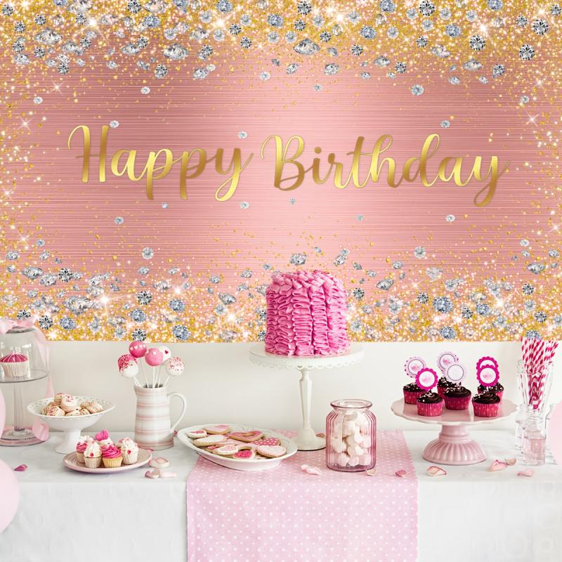 Happy Birthday Backdrop Pink Rose Golden Dot Glitter Photography Background