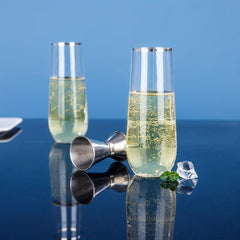 24pcs Stemless Plastic Champagne Flutes 9oz Silvery Rim Clear Toasting Glasses