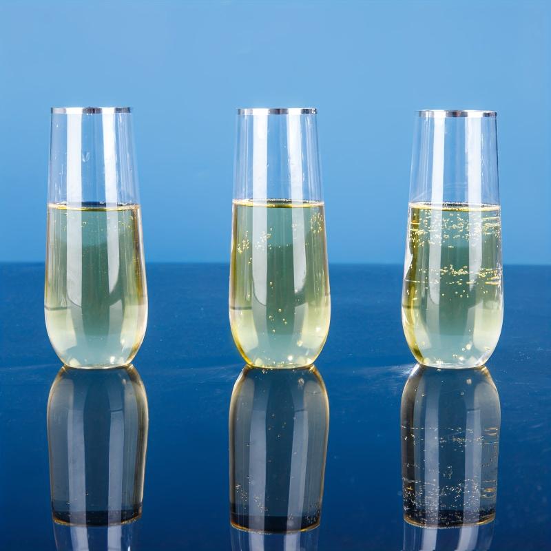 24pcs Stemless Plastic Champagne Flutes 9oz Silvery Rim Clear Toasting Glasses