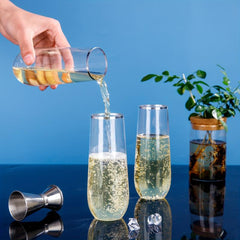 24pcs Stemless Plastic Champagne Flutes 9oz Silvery Rim Clear Toasting Glasses