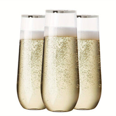 24pcs Stemless Plastic Champagne Flutes 9oz Silvery Rim Clear Toasting Glasses
