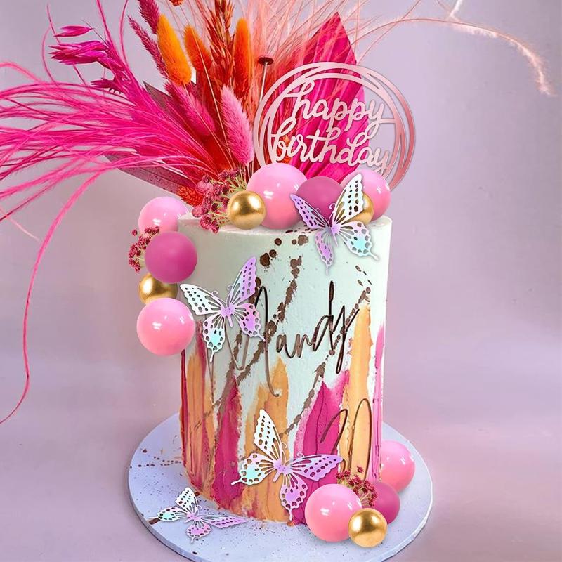 41pcs Hot Pink Golden Balls Cake Topper Flower Butterfly Decorations