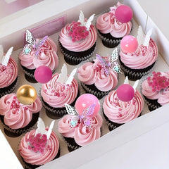 41pcs Hot Pink Golden Balls Cake Topper Flower Butterfly Decorations