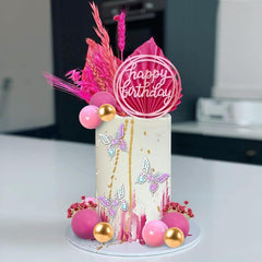 41pcs Hot Pink Golden Balls Cake Topper Flower Butterfly Decorations