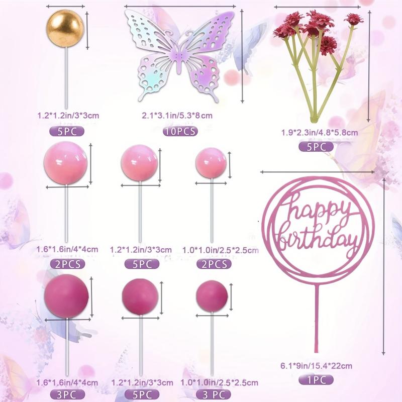 41pcs Hot Pink Golden Balls Cake Topper Flower Butterfly Decorations