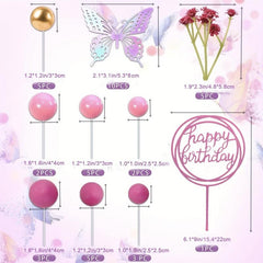 41pcs Hot Pink Golden Balls Cake Topper Flower Butterfly Decorations