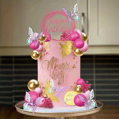 41pcs Hot Pink Golden Balls Cake Topper Flower Butterfly Decorations