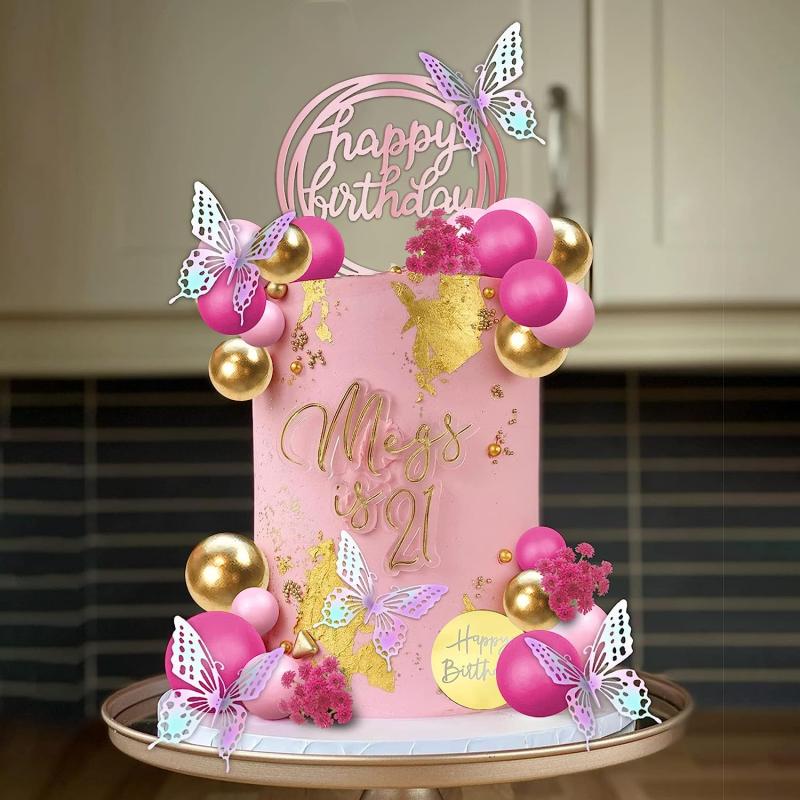 41pcs Hot Pink Golden Balls Cake Topper Flower Butterfly Decorations