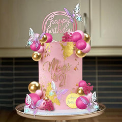 41pcs Hot Pink Golden Balls Cake Topper Flower Butterfly Decorations