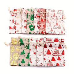 10pcs Christmas Drawstring Gift Storage Cotton Bag 10x14cm