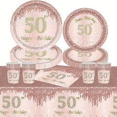 50th Birthday Party Supplies Set - Tablecloth, Plates, Cups - 24pcs