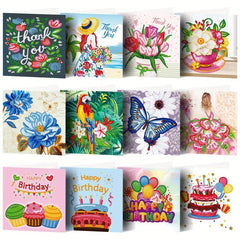 12pcs DIY Diamond Painted Greeting Card Birthday Flower Bird Thanksgiving