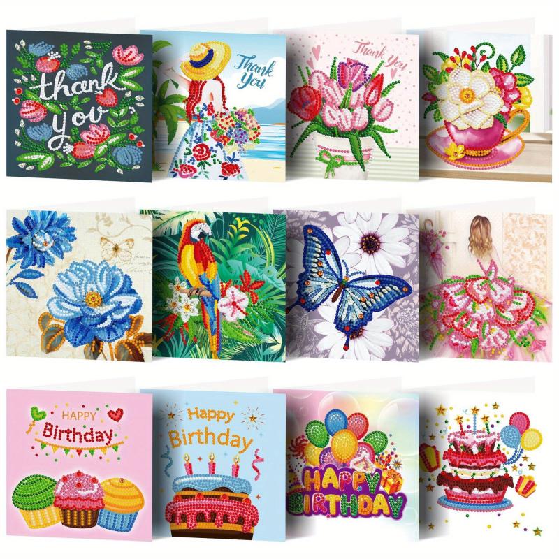 12pcs DIY Diamond Painted Greeting Card Birthday Flower Bird Thanksgiving