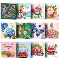 12pcs DIY Diamond Painted Greeting Card Birthday Flower Bird Thanksgiving