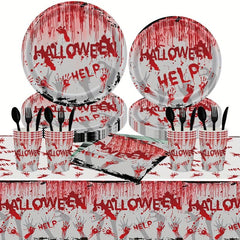 Halloween Party Supplies Set Bloodstained Tablecloth Paper Plate Napkin Cup