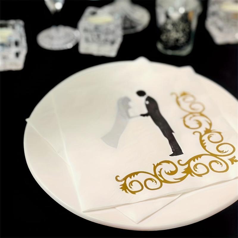 16pcs Bride & Groom Foil Paper Napkins 33x33cm Wedding Party Decor