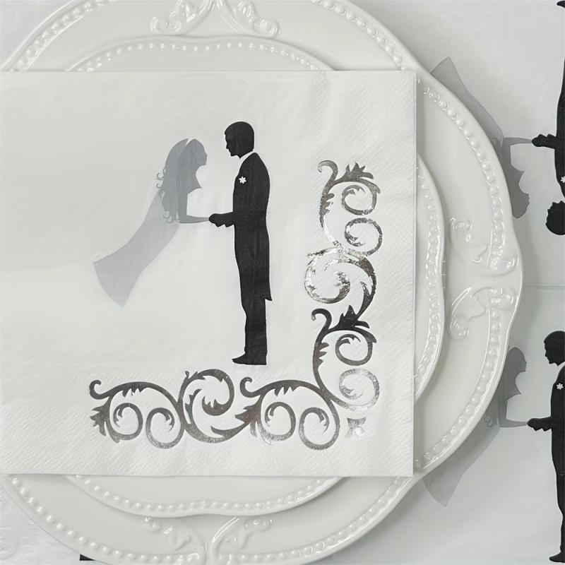 16pcs Bride & Groom Foil Paper Napkins 33x33cm Wedding Party Decor