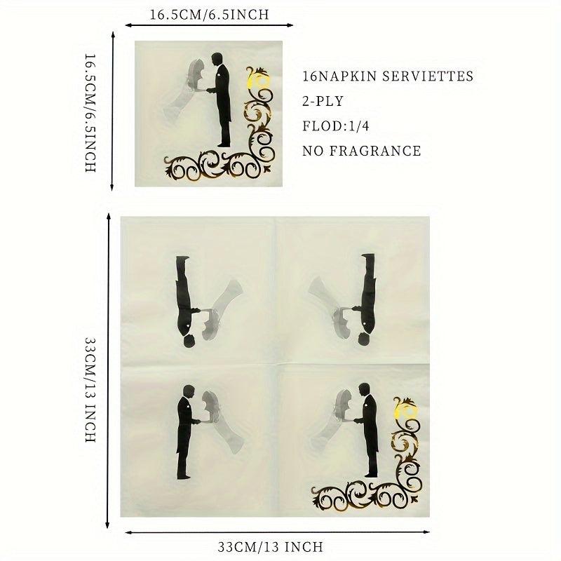16pcs Bride & Groom Foil Paper Napkins 33x33cm Wedding Party Decor